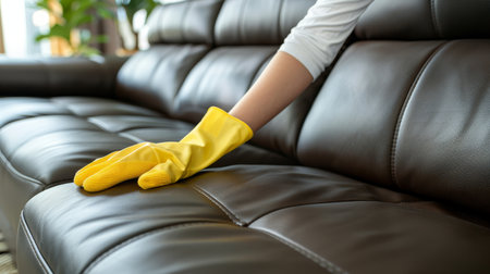 Detailed close up of woman s hand in glove meticulously cleaning black leather sofaの素材