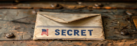 Confidential envelope with the word  secret  written on it, placed on a table for secrecyの素材