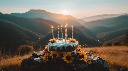 Birthday Cake with Burning Candles and Sun Setting over Mountain Range Celebration in Natureの素材