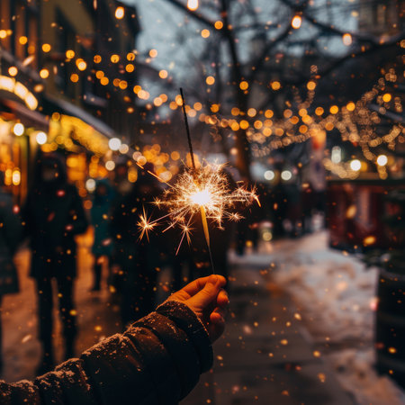 Festive winter celebration  hand holding sparkler with smiling faces in blurred backgroundの素材