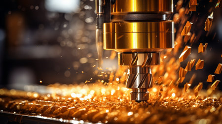 Sharp cnc drill bit in focus against blurred machine background, industrial precisionの素材