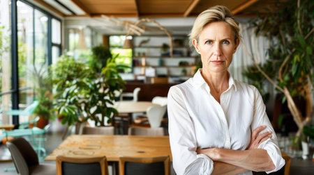 Confident businesswoman in white blouse standing with arms crossed in modern officeの素材