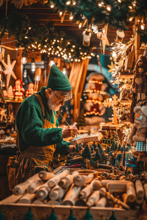 Elf painting toy soldier in festive workshop with tools and toys in bright lightingの素材