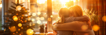 Tender Christmas Embrace Mother and Daughter Share a Heartfelt Hug by the Glowing Treeの素材