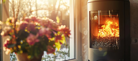 Wood pellet stove with burning pellets visible through a window for enhanced search relevanceの素材