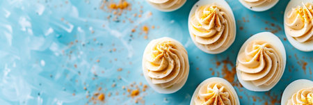 Gourmet Deviled Eggs with Paprika on Blue Background. Perfect for Parties, Easter, or Brunch.の素材
