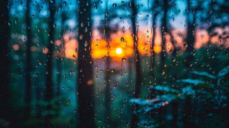 Sunset Through Rain Covered Window, Sunset Bokeh Through Wet Glass, Orange Sun After The Rainの素材
