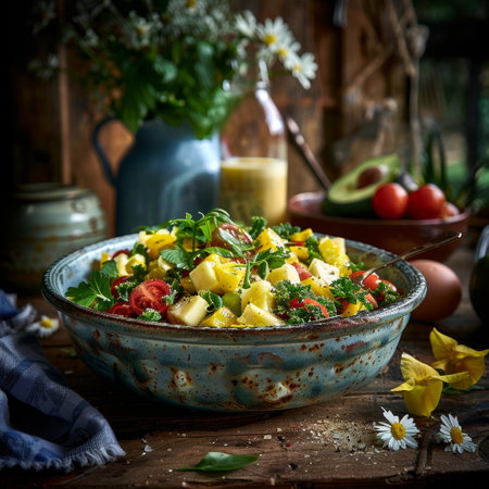 Yellow Tomato and Kale Salad in Rustic Blue Bowl on Table With Flowers and Ingredientsの素材