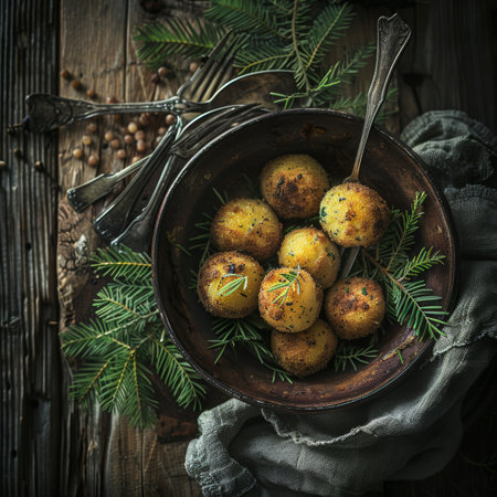 Overhead View of Savory Potato Dumplings with Herbs in Rustic Bowl, Festive Holiday Foodの素材