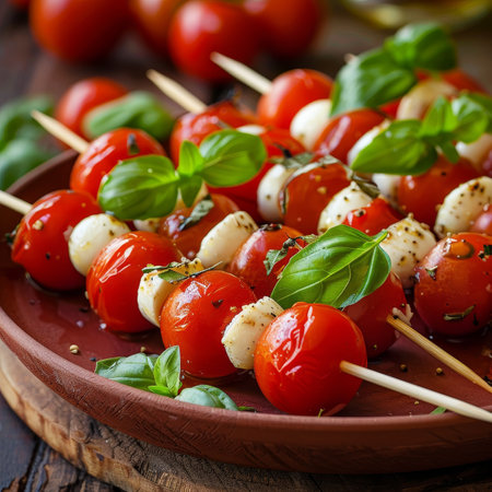 Close-Up Skewers with Cherry Tomatoes, Mozzarella, and Basil Served on a Rustic Plateの素材