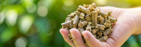 Hand holding wood pellets against a backdrop of lush green trees in close up viewの素材