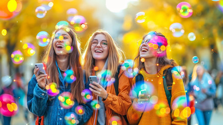 Three Happy Young Women Enjoying a Sunny Autumn Day, Taking Selfies Amidst Colorful Soap Bubbles.の素材