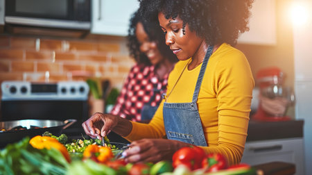 Mother and daughter cooking in modern kitchen, focusing on ingredients and teamworkの素材
