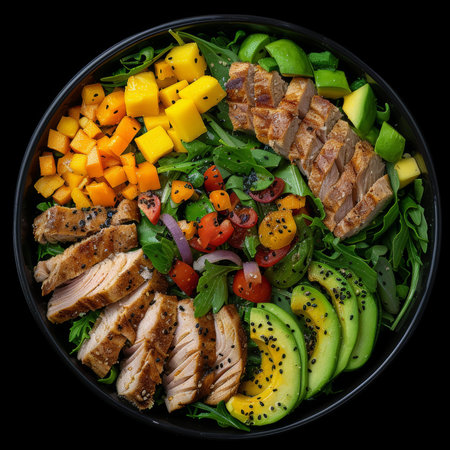 Healthy Grilled Tuna Salad Bowl with Mango, Avocado, and Assorted Vegetables on a Black Backgroundの素材