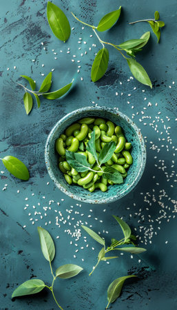 Fresh Green Edamame Beans in a Bowl with Sesame Seeds on a Textured Blue Background, Top Viewの素材