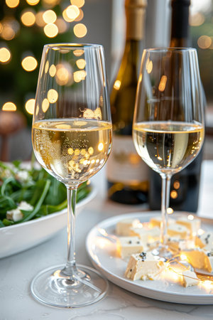 Sparkling wine in glasses, appetizer on white plate, and Christmas lights in background.の素材