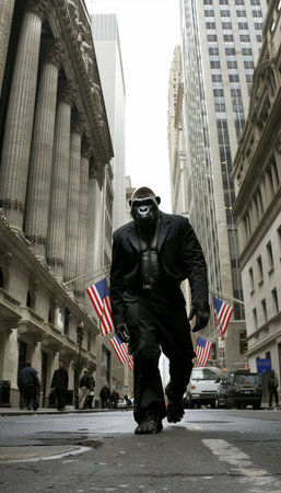 Imposing Gorilla in a Suit Navigates the Bustling Financial District of a Modern Metropolisの素材
