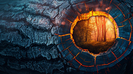 Hope And Renewal Ethereal Forest Vista Through Burnt Tree Trunk, Natures Resurgenceの素材