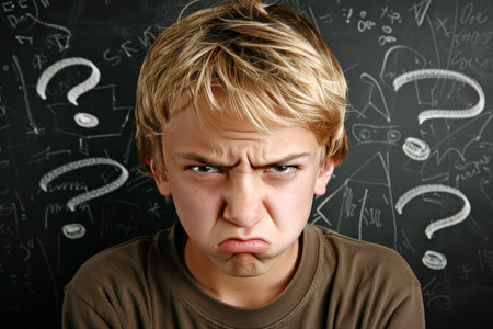 Confused Boy Squinting Face At Chalkboard With Math Formulas. Back to school concept.の素材