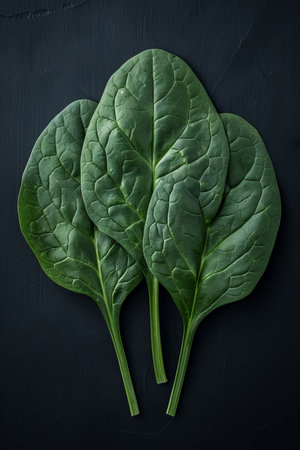 Three Fresh Spinach Leaves Arranged on a Dark Background, Emphasizing Healthy Eating Choicesの素材