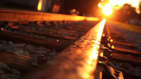 Tranquil railway tracks bathed in the warm glow of a breathtaking sunset landscapeの素材