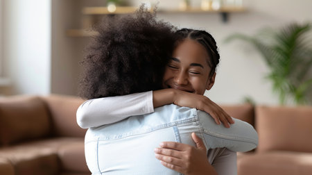Two Affectionate Teenage Sisters Sharing A Warm Embrace Indoors, Expressing Love And Support.の素材