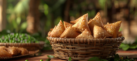 Crispy Golden Samosas A Basket of Delicious Fried Pastries, Perfect Appetizer or Snack.の素材