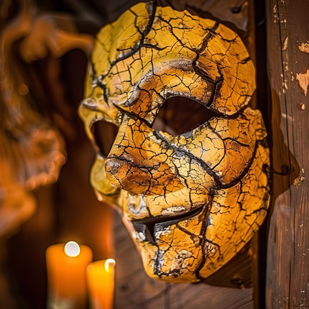 Vintage halloween mask on weathered door with flickering candlelight and dancing shadowsの素材