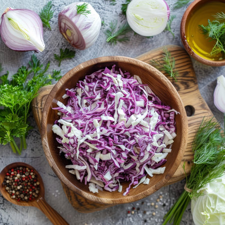 Fresh Red Cabbage Salad with Olive Oil and Spices on a Rustic Background, Healthy Eating Conceptの素材