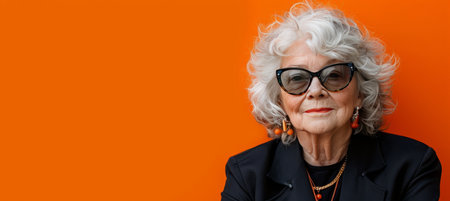 Stylish Senior Woman with Silver Hair and Sunglasses Posing on Vibrant Orange Backgroundの素材