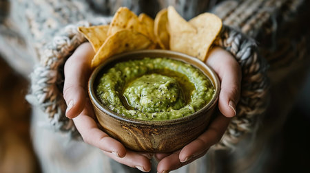 Close-Up Of Woman Holding Bowl with Homemade Guacamole and Tortilla Chips, Wholesome Comfort Food.の素材