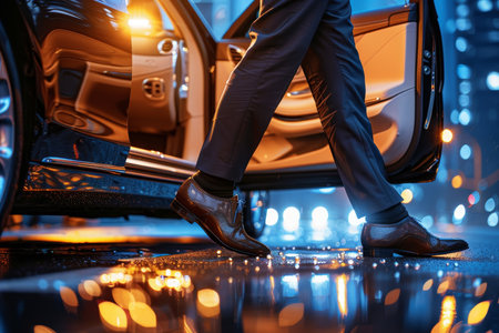 Businessman s glossy shoes exiting limousine, urban lights reflecting on wet streetの素材