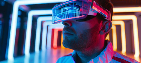 Futuristic male model with metallic mask in high tech setting for tech cosmetics adsの素材