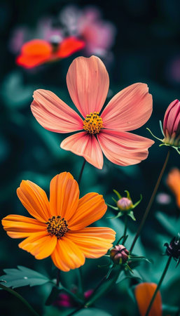 Vibrant wildflowers in full bloom captured with a soft focus for a romantic ambianceの素材