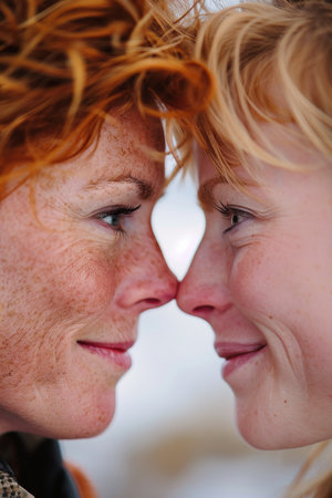 Minimalist depiction of mother and daughter sharing love and understanding through eye contactの素材