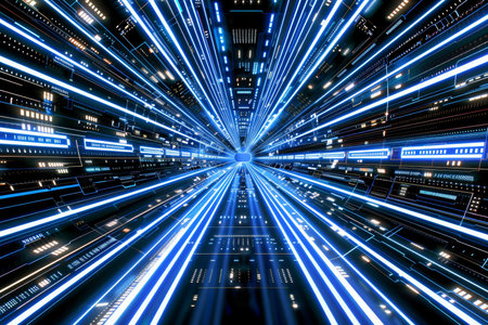 Blue circuit board glowing in abstract space with radiant light patterns for optimal visibilityの素材