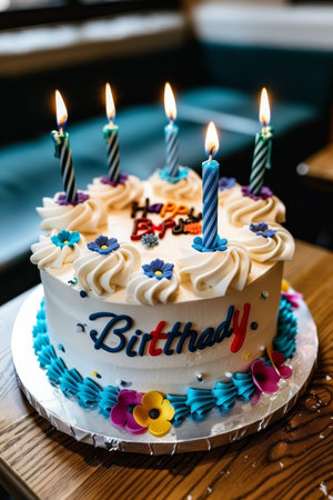 Happy Birthday Cake With Lit Candles and Colorful Frosting Celebration, Delicious Treatの素材