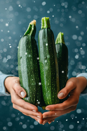 Detailed view of a person gently holding a fresh and vibrant green zucchini in their handsの素材