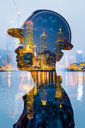 Engineer in hard hat with cityscape double exposure, skyscraper merging into silhouetteの素材