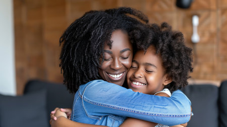 Close Up Portrait, Happy Black Mom and Cute Little Daughter Hugging With Closed Eyes, Tender Loveの素材