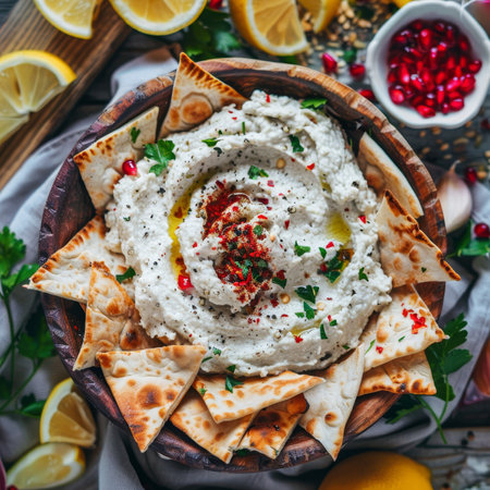 Homemade White Bean Dip with Toasted Pita Bread and Lemon Slices, Healthy Vegan Snackの素材