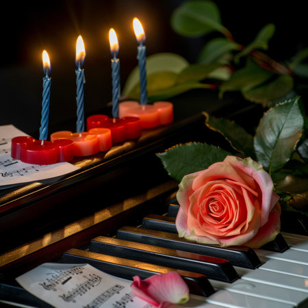 Romantic Still Life Piano Keys, Burning Birthday Candles and a Beautiful Blooming Orange Roseの素材