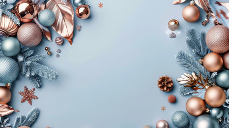 Elegant Christmas Frame, Blue and Gold Christmas Balls, Pine Branches, Decorations, Flat Layの素材