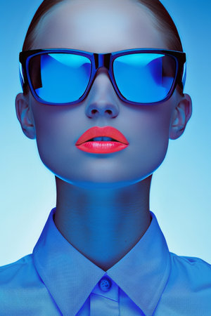Close-up Studio Portrait of Woman with Blue Lighting and Red Lips, Wearing Stylish Sunglassesの素材