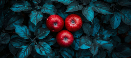 Three Red Apples On Branch, Fresh Ripe Fruits Growing On Tree In Garden, Harvest Conceptの素材