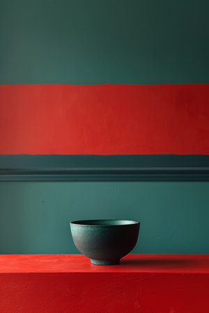 Minimalist Still Life Black Ceramic Bowl on Red Table against a Geometric Green and Red Wallの素材
