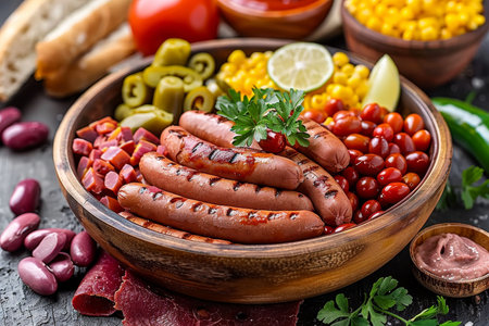 Wooden Bowl of Grilled Sausages with Beans, Vegetables garnish, Dip, Parsley on Black Surfaceの素材