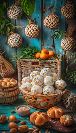 Sweet Cheese Balls in Coconut, Dessert Biscuits, and Tangerines on a Rustic Backgroundの素材
