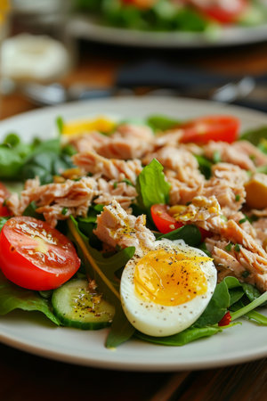 Fresh Tuna Salad With Boiled Egg, Cucumber, Cherry Tomatoes On White Plate, Close Up Viewの素材