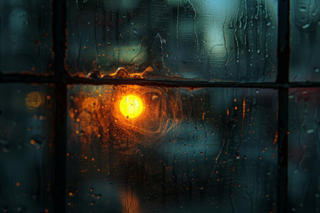 Rain Drops on Window, Evening City Lights Through Wet Glass, Abstract Urban Backgroundの素材